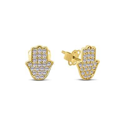 New Bling 9NBSAM-G230233 Gouden Oorknopjes met Zirkonia Fatima Handje - 7,9x6,3mm- 14 Karaat - Goud