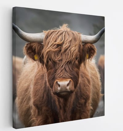 Saammp Canvas Schilderij - Schotse Hooglander Koe - Portret - Natuur - Dieren - 20x20 - Foto op canvas - Wanddecoratie - Muurdecoratie Woonkamer - Slaapkamer decoratie - Canvas Print