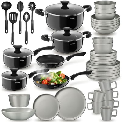 tectake® Complete Kookgerei Set voor 6 Personen - 45-delige Keukengerei Set met Servies en Pannen - Pannenset met Koekenpan - Serviesset - Magnetron- en Vaatwasserbestendig - Keukenset Perfect voor Starters - Geschikt voor Inductie - Grijs/Zwart