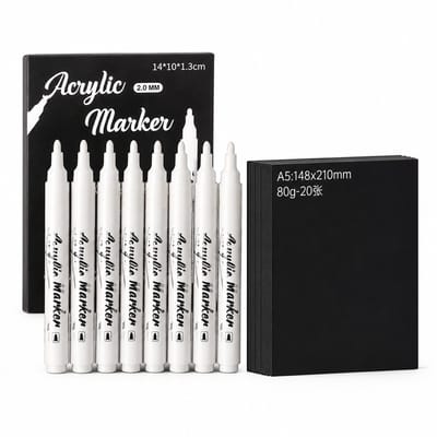 Acrylmarkerset - 8 witte markers - Met vloeibare inkt voor tekenen en journaldecoratie - Inclusief 20 zwarte kaarten