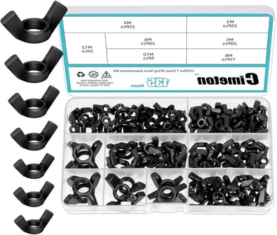 Assortiment van 135 Stuks Zwarte Vleugelmoeren M3 M4 M5 M6 M8 M10 M12 van Koolstofstaal voor Machines en Toepassingen