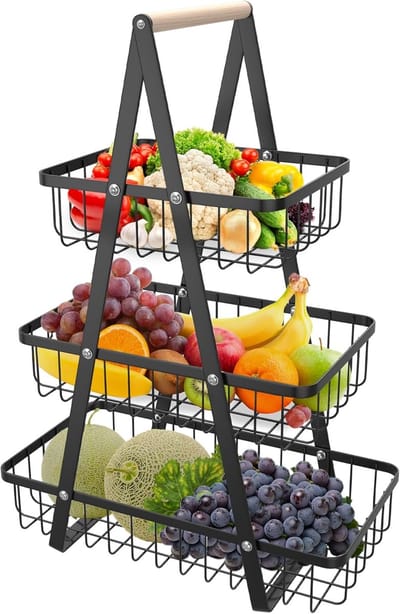 Fruitschaal 3-Laags Zwart - Metaal Fruitrek - Vrijstaande Groentenmand - Fruithouder Met Houten Draaggreep - Opslag Voor Groenten Fruit Snacks Jam NAIZY