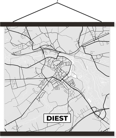 Posterhanger incl. Poster 60x60 cm - Schoolplaat - België – Diest – Stadskaart – Kaart – Zwart Wit – Plattegrond - Textielposter - Zwarte latten - Stadskaart