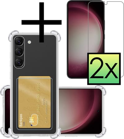 Hoesje - Geschikt voor Samsung Galaxy S23 - Met 2x Screenprotector - Pashouder - Kaarthouder - Telefoon Hoes Shockproof - Siliconen Case - Back Cover - Shock Proof - Pasjes Houder - Transparant