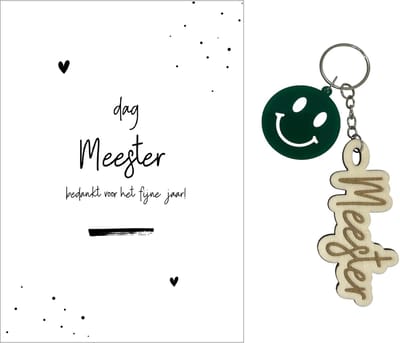 Sleutelhanger en kaartje MEESTER | groen | streep | jij bent de coolste | liefste meester | topmeester | einde schooljaar | cadeau