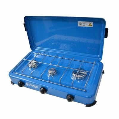 B-Camping kookpit/kookstel - 3-pits - blauw - metaal - 60 x 40 x 10 cm - voor gasflessen - gasfornuis