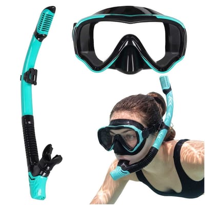 Playos® - Duikbril met Snorkel - Turquoise - Met Droogsysteem - 180° Panoramisch Zicht - 15+ jaar - Verstelbaar - Waterafvoer - Waterloosventiel - Duikset - Panoramische Duikbril - Droge Snorkel - Gehard Glas - Snorkelen