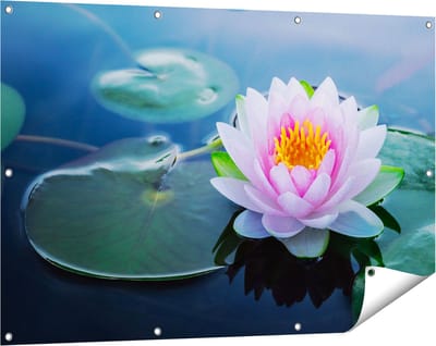 Gards Tuinposter Roze Lotusbloem met Waterlelies - 120x80 cm - Tuindoek - Tuindecoratie - Wanddecoratie buiten - Tuinschilderij