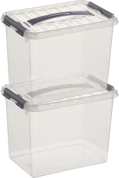 2x sunware q-line opberg box/opbergdoos - 9 liter - 30 x 20 x 22 cm - kunststof - opslagbox - transparant/zilver