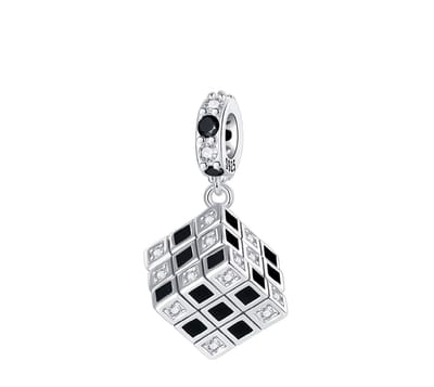 Rubiks Kubus Bedel Hanger – 925 Zilver – RomyStones – Zwart/Wit – Bedel voor bedelarmband