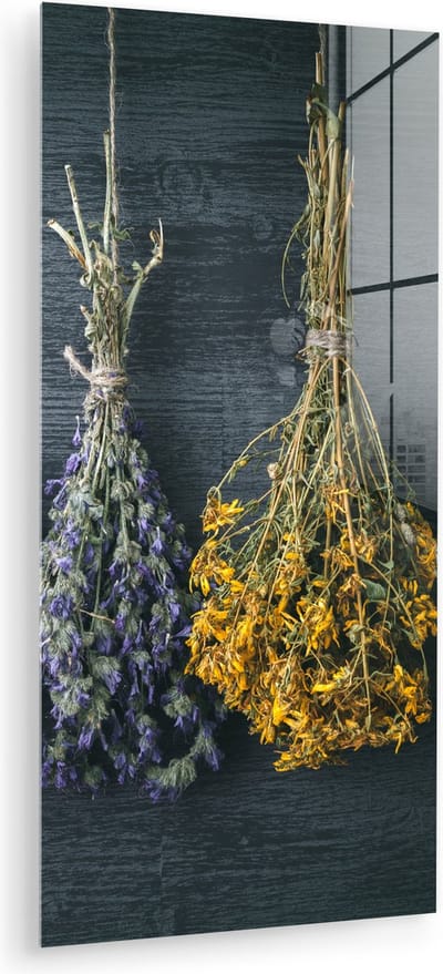MuchoWow® Glasschilderij 40x80 cm - Schilderij acrylglas - Droogbloemen - Bloemen - Boeket - Stilleven - Touw - Bundel - Foto op glas - Muurdecoratie woonkamer - Wanddecoratie slaapkamer - Schilderijen