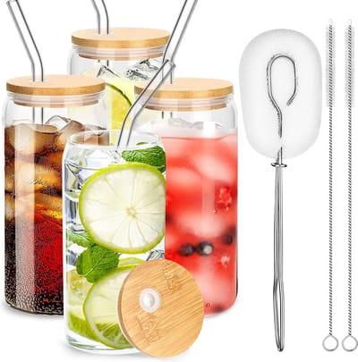 Drinkglazen cocktailglazen met deksel en rietje, drinkglazen in blikvorm 473 ml/16 oz, bierblik glazen beker drinkglas voor ijskoffie, bier, smoothies, cocktail, frisdrank (4 stuks)