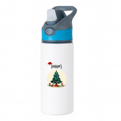 Hacebo® - Kerst kerstboom met eigen naam waterfles met rietje blauw - Kerstmis - Kerst beker - winter - kerst - christmas - kerst cadeau - water fles - 650ML