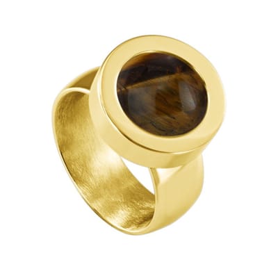 Quiges RVS Schroefsysteem Ring Goudkleurig Glans 17mm met Verwisselbare Tijgersoog Bruin 12mm Mini Munt