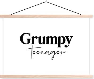 Posterhanger incl. Poster 90x60 cm - Schoolplaat - Kinderen - Spreuken - Zwart - Wit - Quotes - Grumpy teenager - Textielposter - Blanke latten