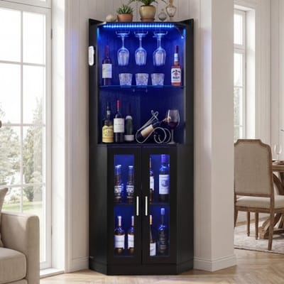 VEVOR Hoekbarkast met LED-verlichting (dimbaar), wijnkast met glashouder en wijnrek, hoekkast met anti-kantelbeveiliging, hoekbar voor woonkamer, eetkamer en keuken, 50 x 50 x 170 cm zwart