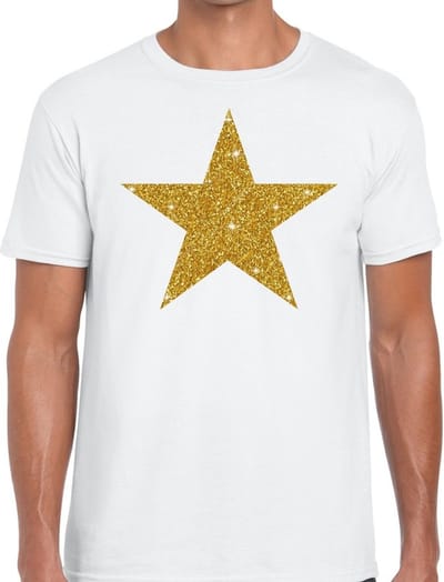 Glitter and Glamour Ster - goud - feestkleding t-shirt - wit - voor heren - Bling Bling - verkleedkleding S