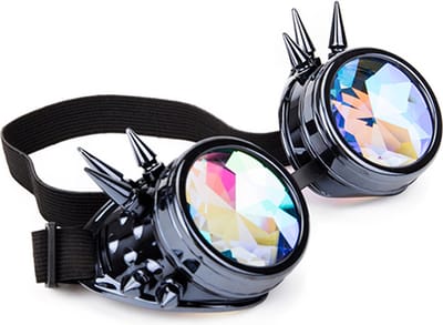 KIMU® Goggles Steampunk Bril Met Spikes - Gunmetal Antraciet Montuur - Caleidoscoop Glazen - Spacebril Space Caleidoscope Holografisch Chroom Donkerzilver Festival