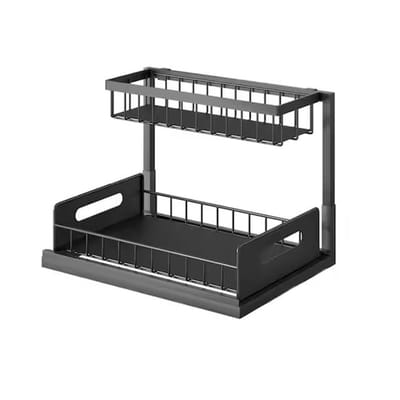Dubbellaags uittrekbaar opbergrek - Keukengootsteenrek - Badkamerrek - Opbergrek - Uittrekbaar kastrek - 28,5*27*36,2 cm - Geschikt voor opbergruimte onder de gootsteen, in badkamerkasten en in de keuken - Zwart