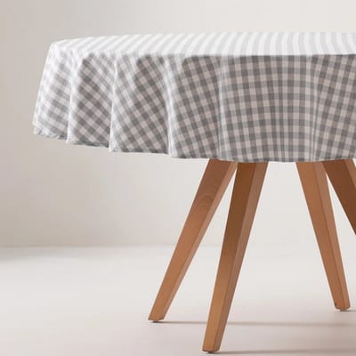 GAMUSI VICHY Rond Tafelkleed - Vlekwerend - Katoen Look - Ruitjes - 160 x 160 cm - Lichtgrijs- OEKO-TEX