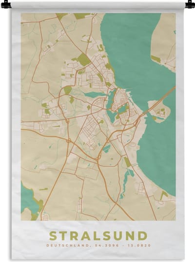 Wandkleed - Wanddoek - Plattegrond - Stralsund - Vintage - Kaart - Stadskaart - 120x180 cm - Wandtapijt