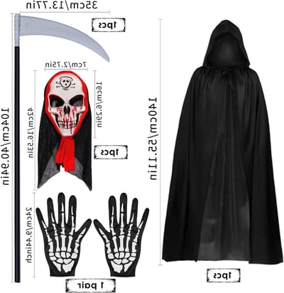 Halloween Kostuum met 140 cm Cape en Kap, Vampier Masker, Schedel Handschoenen en Doodenschedel voor Feestdecoratie en Griezelfeest