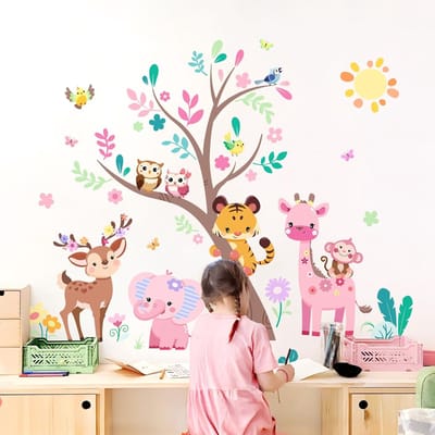 Famanu - Jungle Dieren Boom Muurstickers Roze Olifant Giraf Muurstickers voor Kinderen Meisjes Slaapkamer Woonkamer Baby Kwekerij Muur Decor