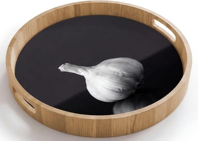 Dienblad rond 40x40 cm - Schootdienblad hout - Knoflook - Zwart - Wit - Borrelplank rechthoek - Plateau houten dienbladen
