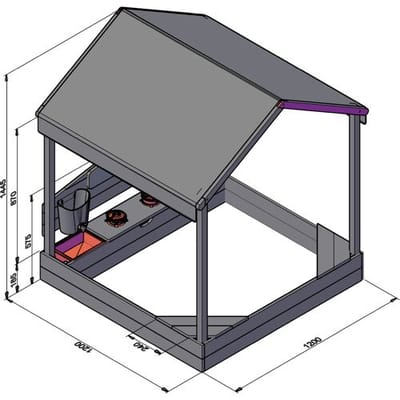 AXI Meli Zandbak & Speelhuisje 120 x 120 cm met Speelkeuken – Bruin - Met Dak – FSC hout – Met Krijtbord, Watertank en 6-delig Speelgoed Kookset – Met 2 Bankjes - Inclusief gronddoek – 10 jaar garantie