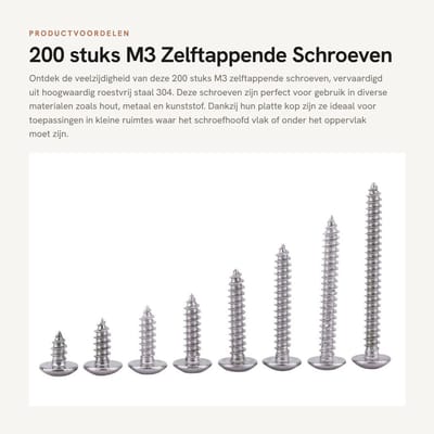 Dailygoods- Zelftappende Schroeven 200 Stuks - RVS SS304 - Platte Kop - Voor Hout/Metaal/Kunststof - Corrosiebestendig - Ideaal voor Kleine Gebieden