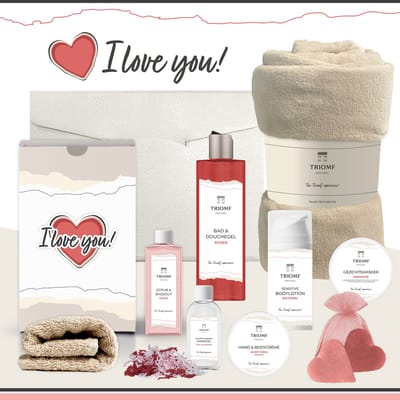 Geschenkset “I Love You!” - 10 producten - 1070 gram | Triomf Original - Giftset voor haar - Cadeau Valentijnsdag - Luxe wellness cadeaubox Vrouw - Ik hou van jou - Cadeaupakket Kerst Geschenk Pakket Verjaardag Gift Set Valentijn Vriendin Roze Crème