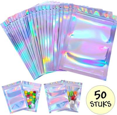 50 Holografische Folie Zip Lock Zakjes - Hersluitbare Mylar Zakken - 7.5x10cm - Uitdeelzakjes - Transparant - Snoepzakjes - Cadeauzakjes - 50 Stuks