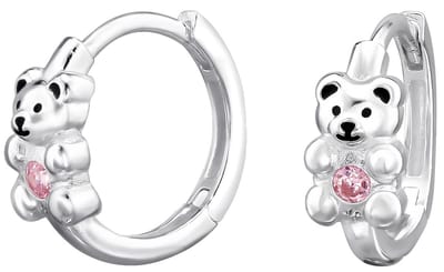 Joy|S - Zilveren beer oorbellen - oorringen - beertje met roze zirkonia - klap scharnier - 12 mm - sterling zilver 925
