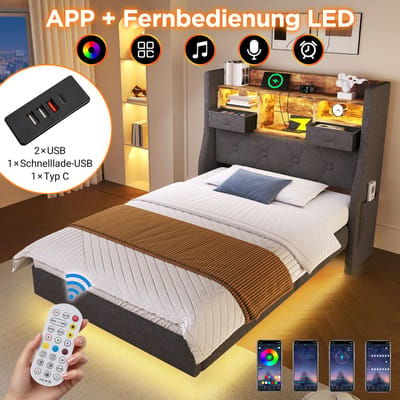 140x200 cm gestoffeerd bed - zwevend bed met LED-verlichting - hoofdeinde en oplaadstation - met opbergruimte - grijs - zonder matras