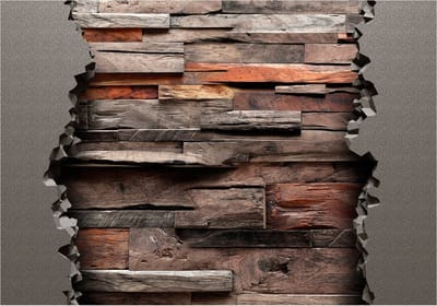Fotobehangkoning - Behang - Vliesbehang - Fotobehang  Houten Planken tussen de Betonnen Muur - Hidden Nature - 150 x 105 cm