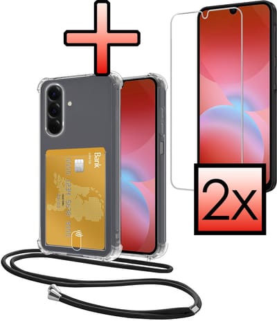 Hoes Geschikt voor Samsung Galaxy A26 Hoesje Pasjeshouder Cover Met Koord Shock Proof Case Siliconen Hoes Met Telefoonkoord en Kaarthouder Met 2x Screenprotector - Transparant