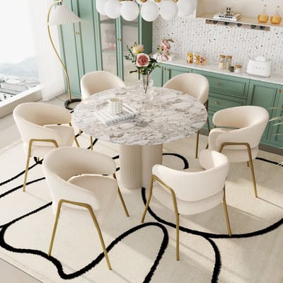 Sweiko Witte eetkamerstoelen, Moderne lamsvloemen spray goud versierde eetkamerstoelen (6 stuks), gouden poot eetkamerstoelen