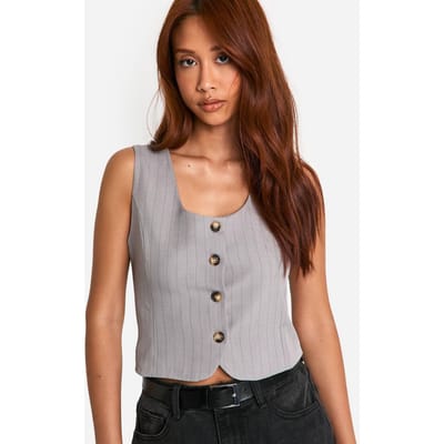 boohoo Dames Pinstripe Vest met Vierkante Hals en Cropped Lengte | Grey Marl | Maat: 12