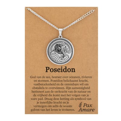 Griekse God Poseidon Ketting op Cadeau Kaartje - Zilverkleurige Mythologie Talisman - Roestvrij Staal - 60cm - Pax Amare