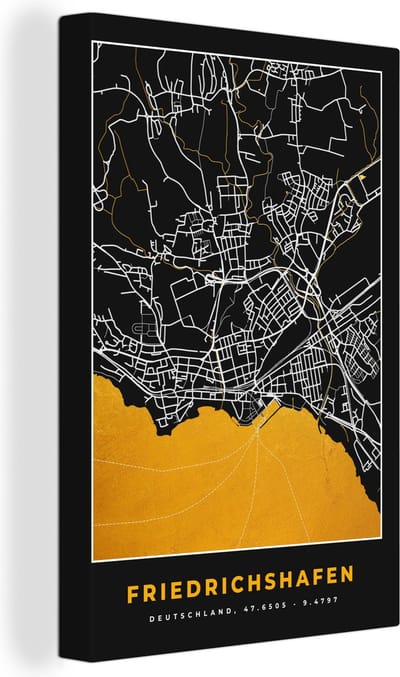 Canvas Schilderij Stadskaart – Plattegrond – Duitsland – Goud – Friedrichshafen – Kaart - 20x30 cm - Wanddecoratie