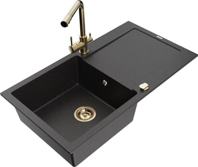 Mexen Leo granieten spoelbak 1-kompartement met afdruiprek en keukenkraan Duero, zwart/zilveren metallic - 6501-73-671600-50