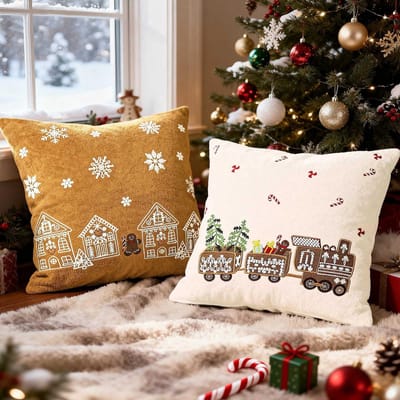 Dailygoods- Kussenslopen Set van 2 - 50 x 50 cm - Geborduurd Peperkoek Man Huis - Feestelijke Kussenslopen - Huidvriendelijke Stof - Perfect voor Kerstdecor - Decoratieve Kussens