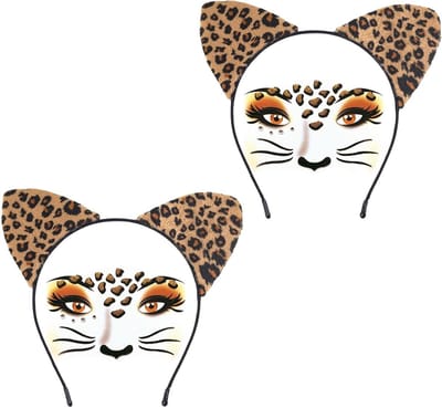 Leopard Oren Hoofdband en Tattoo Stickers Set voor Dierenkostuum, Cosplay en Feestjes voor Volwassenen en Kinderen