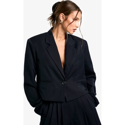 boohoo Dames Boxy Cropped Blazer met geweven schoudervulling | Marineblauw | Maat: 36