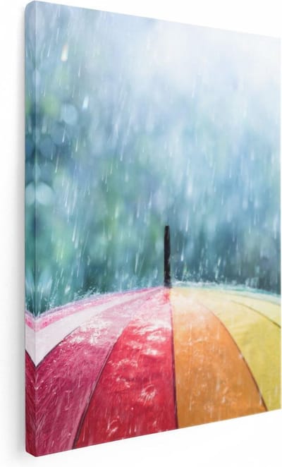 Artaza Canvas Schilderij Kleurrijke Paraplu In De Regen - 30x40 cm - Klein - Wanddecoratie Regenboog - Muurdecoratie Woonkamer - Kamer Accessoires