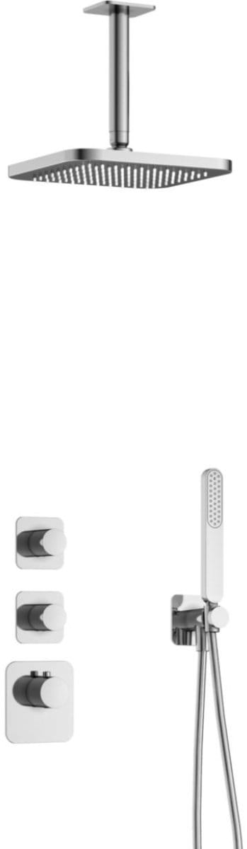 Hotbath Gal - Inbouw Regendoucheset - Chroom - 2 Stopkranen - Thermostatisch - Plafondbuis 15 cm - Hoofddouche 220 mm - Staafhanddouche - V01