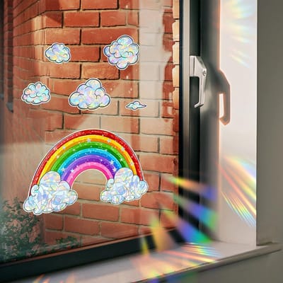 Regenboog-raamafbeeldingen, zomer, raamfolie, kleurrijk, zonnecatcher stickers, raamfolie, regenboogfolie, ramen, wolken en regenboog, raamstickers voor kinderen, raamafbeeldingen, lente