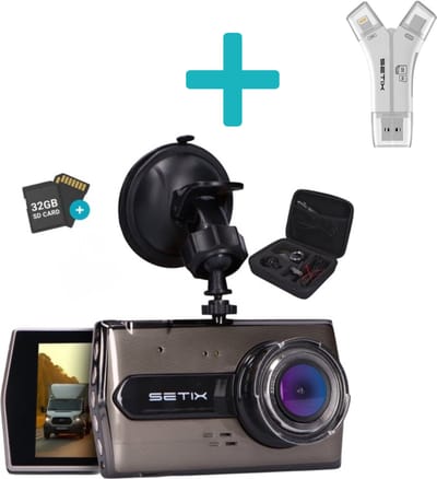 Setix Dashcam Go + SD Card Reader- Voor en Achter Camera – Inclusief 32GB SD kaart - Full HD 1080P Resolutie – Met Opbergcase tegen Diefstal - Nachtzicht – Plug & Play - Parkeermodus - 170 Graden Kijkhoek – Loop Recording – 2025 Auto Camera