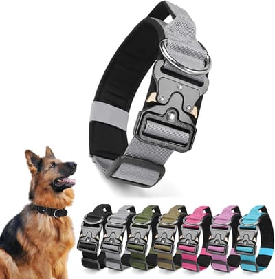 Tactische hondenhalsband met handvat, verstelbare hondenhalsband van polypropyleen met metalen gesp, middelgroot, gewatteerd, zacht, tactische hondenhalsband (zilver, M)