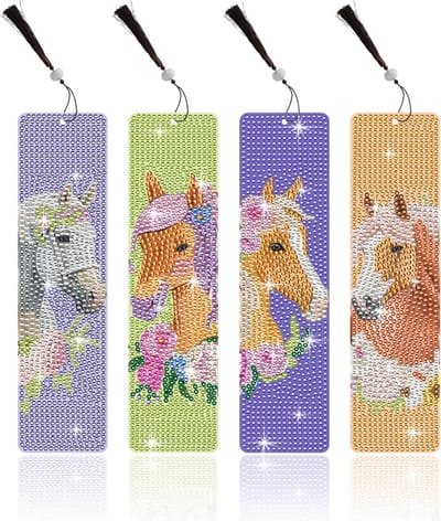 4 stuks Diamond Painting bladwijzers paard, 5D Diamond Painting boekenleggers, bladwijzers, diamond painting, geschikt als vakantiecadeau voor vrienden die graag lezen